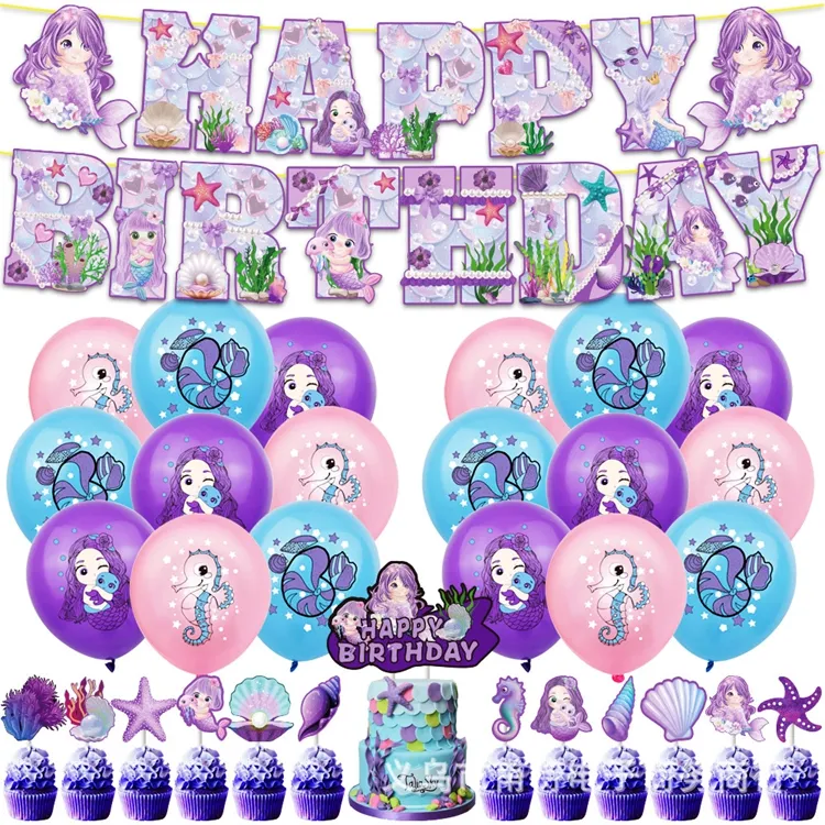 Carino sirena forniture per feste di compleanno buon compleanno BannerLatex palloncini inserti torta sotto il mare ragazze decorazioni di compleanno A3267