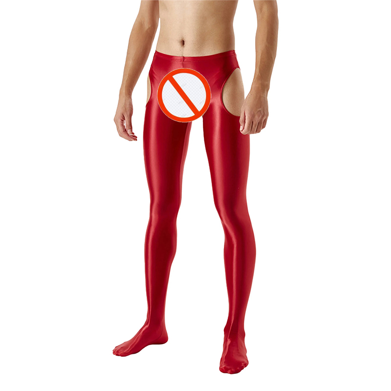Red Unisex Glossy Crotchless Pantyhose Footed Leggings