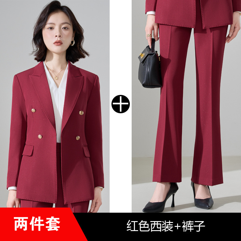 Red suit with slightly flared trousers
