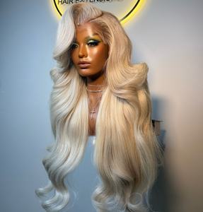 วิกผมหน้าผากลูกไม้แบบใส HD พร้อมหน้าม้า ผมแท้แบบเรมี่อินเดีย  ความหนา 250% ยาว  สีบลอนด์แพลตตินัมขาว  ลอนคลื่นแบบโอเชียน  จัดเรียงเกล็ดผม  แบบไม่ผ่านการแปรรูป - Product Image 2