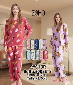 Pigiama in morbido pile da donna, invernale, a maniche lunghe, scollo a V, stampa cartoon, vestibilità ampia, lunghezza intera, vita elasticizzata, taglie forti - Product Image 3