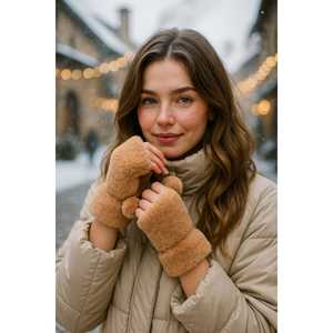 Guantes de Felpa Jacquard Beige para Mujer, Diseño Recortado, Impermeables, Mitones de Invierno Acrílicos ELD33 - Product Image 3