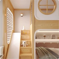 JS Massivholz Kinder-Etagenbett mit Sicherheitsnetz, Aufbewahrungsschublade, Treppe, Rutsche, Holzpolsterung, Modernes Design, Voll-/Einzelgrößen, Umweltfreundlich