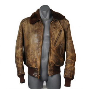 Chaqueta de Piloto A2 para Hombre, Estilo Bomber, Piel de Oveja Auténtica Desgastada, Cuello de Piel de Oveja Extraíble, Botones de Cuerno, Forro de Seda, Estilo Aviador - Product Image 1