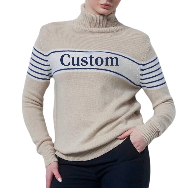High-Quality Wholesale Custom Jacquard Letter Logo Soft Cozy Wool Blend Woman Turtleneck Striped Knit Sweater OEM/ODM Knitwear