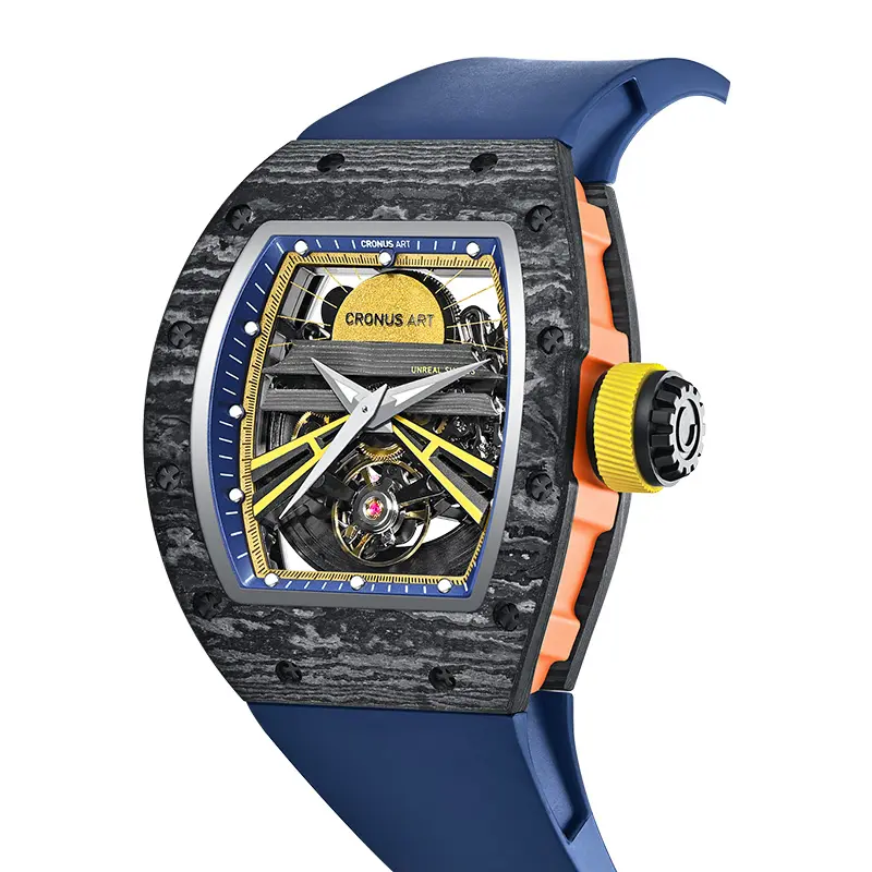 高級スケルトンメンズメカニカル5BAR防水アナログ時計サファイアクリスタル腕時計ラバーストラップバンド付き