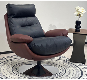 Fauteuil pivotant en cuir véritable écologique pour balcon, design moderne et épuré, avec accoudoirs et pieds en bois massif, mobilier d'appartement 9087 - Product Image 1
