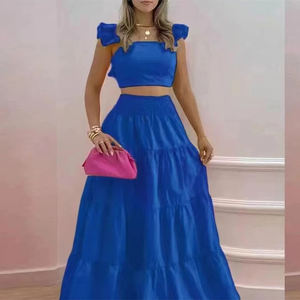 Ensemble jupe et haut court décontracté pour femme, imprimé estival, taille haute, sans manches, à volants, respirant et lavable - Product Image 3