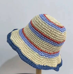 Handwoven Striped Straw Bucket Hat Woven Sun Hat Lightweight Casual Beach <b>Cap</b> for Spring and <b>Summer</b> - Product Image 3