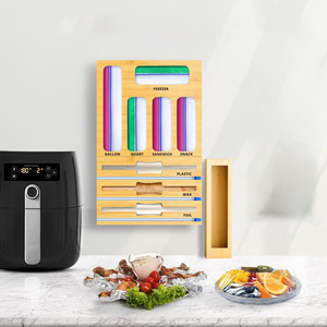 Bamboo Divider Wall Mounted Plastic Bag Dispenser With Cling Film And Wax <b>Paper</b> Storage For <b>Kitchen</b> Organization - Product Image 4