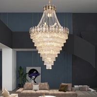 Grand lustre moderne de luxe en cristal doré avec éclairage LED à intensité variable pour escalier et décoration de villa/hôtel, température de couleur 3 tons