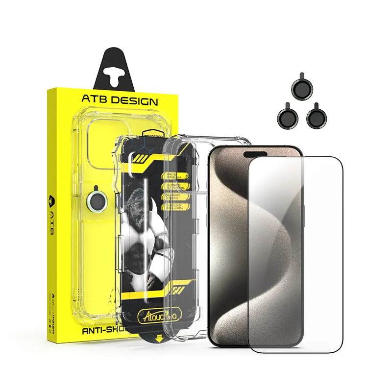 ATB casing ponsel transparan iPhone 15 pro max, Set pelindung ponsel lensa kamera kaca Tempered