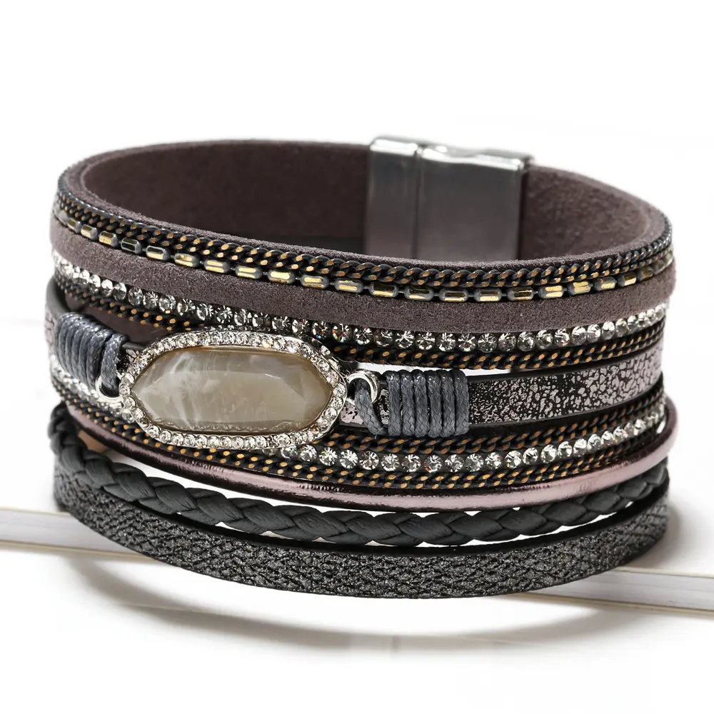 Lucky Fortune Bangles Rhinestone Silver Black Gray Leather Cuff Bracelet Multi Layers Natural Crystal Leather Braided Bracelet