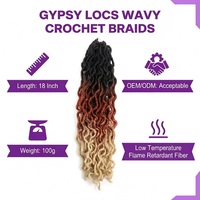 Extensions de cheveux synthétiques ondulés pour tresses au crochet, 18 pouces, 100g, style Gypsy Locs Ombré, résistantes à la flamme et à basse température
