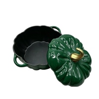 Cocotte en fonte émaillée verte en forme de citrouille avec bouton doré, antiadhésive, pour cuisson domestique, compatible induction et four