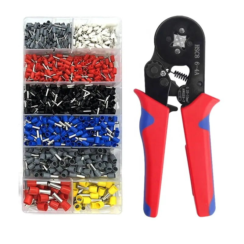 HSC8 6-4A Crimping Plier Set 23-7AWG 0.25-10mm Quadrilateral Ratcheting Ferrule Crimping Tool Kit Crimper with 1200PCS Terminal