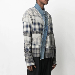 <span class=keywords><strong>Chemise</strong></span> kimono décontractée pour hommes personnalisée OEM <span class=keywords><strong>Chemise</strong></span> manches longues revers châle Patchwork à carreaux en flanelle de coton respirante pour le printemps - Product Image 2