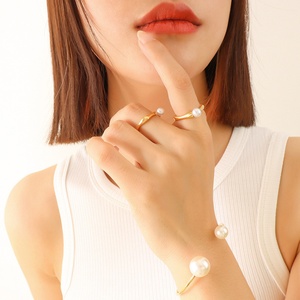 Korean Dainty Women Beads Pearl <b>Rings</b> Stainless Steel 18k Gold Cuff <b>Ring</b> Open Adjustable Pearl <b>Rings</b> for Girls - Product Image 5