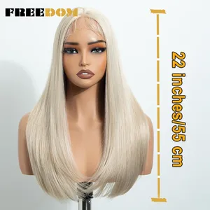 Perruques synthétiques à dentelle frontale FREEDOM, lisses et superposées, pour femmes, 22 pouces, longueur moyenne, transparentes, pour usage quotidien, brun, blond, roux - Product Image 4