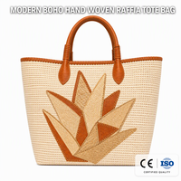 Sac fourre-tout tissé à la main 3469, style bohème, avec appliques et garnitures en cuir PU, en raphia, pour femme, sac de plage en paille, sac à bandoulière surdimensionné, élégant, pour l'été, vente en gros