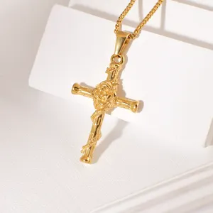 Religious Rose Cross Pendant Necklace Christian Flower Cross Charms Necklaces Stainless Steel 18K Gold Plated Wholesale Jewelry