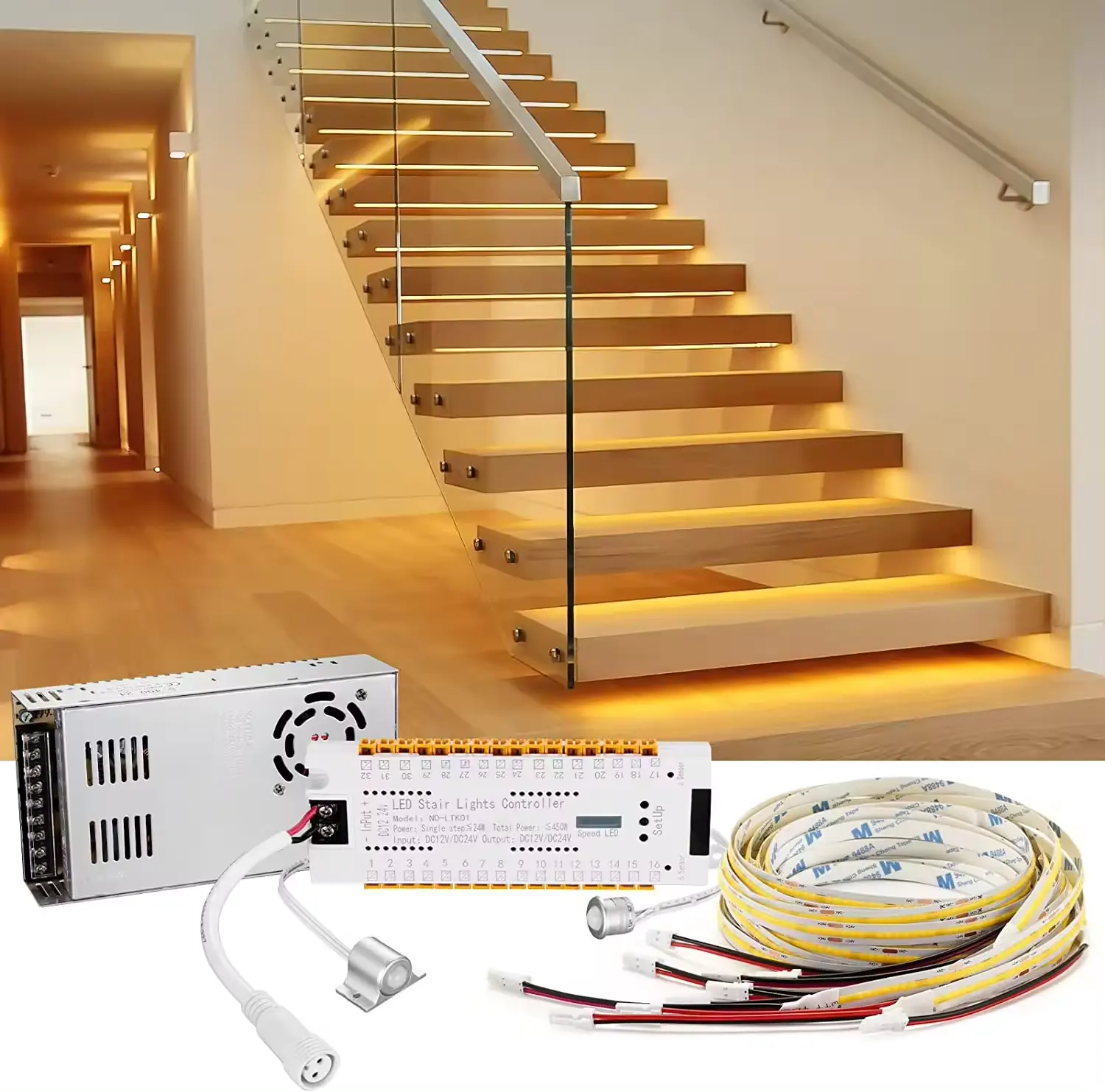 Kit de controle de iluminação de escadas com sensor de movimento inteligente LED para escadas, LED, tiras COB cortáveis, iluminação para escadas internas