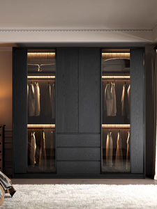 Black Wood Veneer Glass Morden Ardrobe Wardrobes Bedroom <strong>Closet</strong> Swing Door Wardrobe Bedroom Furniture - Product Image 2