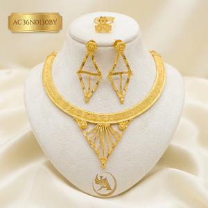 Elegante Conjunto de Joyería Chapada en Oro de Inspiración Etíope y Nigeriana – Conjunto de Collar, Pendientes y Anillo de Moda para Novias Africanas - Product Image 1