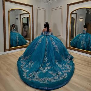 LY-QD0057 Quinceanera balo elbisesi kızlar 15 yaşındaki prenses balo elbise tırmanmak dantel lüks üst korse off-omuz kat-uzunluk - Product Image 4