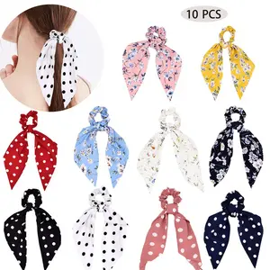 D1984 Elastic Hair Bands Ponytail Holder Bow Knot Scrunchy Printed Floral Hair Tie Women Flower Long Ribbon Scrunchies