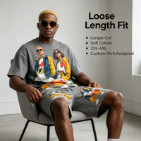 Ensemble deux pièces en coton pour homme : T-shirt et short ample à taille élastique – Grandes tailles 2XL-4XL – Impression de logo personnalisée disponible