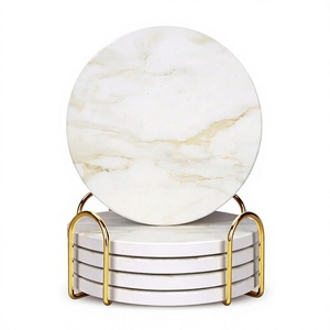 Premium Quality Round <b>Marble</b> <b>Coasters</b> Set With Gold Metal Holder 6 Mm Thick Non Slip Modern Design For Table Decoration - Product Image 1