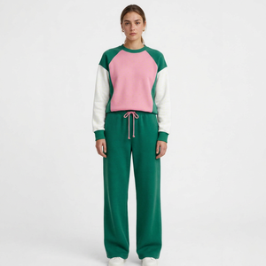 Women's Green <b>Pink</b> Color Block Crewneck <b>Sweatshirt</b> And Drawstring Joggers Tracksuit Set - Product Image 1