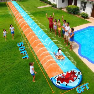 Tobogán Acuático Doble de PVC con Temática de Tiburón MAKE WAVES de 15 Metros con Aspersor y 2 Tablas para Niños, para Carreras en el Patio Trasero - Product Image 2