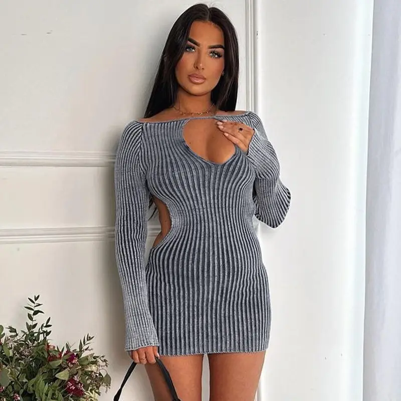 Hanrong 2023 Fall Long Sleeve Backless Striped Hollow Out Sexy Slim Mini Dress Women Elegant Clothes Festival Party Wholesale