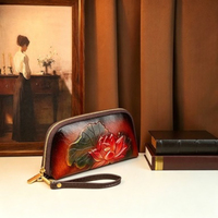 Tas Clutch Wanita Kulit Motif Bunga Teratai 3D Vintage, Dompet Panjang Gaya Oriental Elegan dengan Tali Pergelangan Tangan