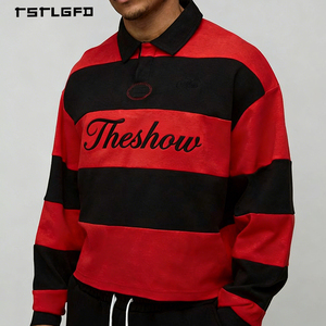 T-shirts à manches longues rayés vintage pour hommes, col en V, épaules tombantes, t-shirt oversize, streetwear, OEM ODM - Product Image 3