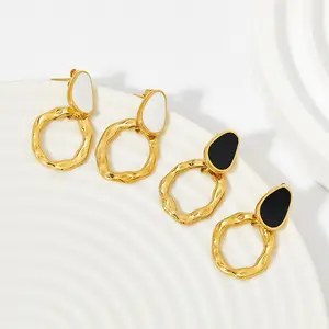 Vintage geometrische schwarze Emaille Ohrringe Edelstahl vergoldete Ohr stecker Ohrringe Großhandel