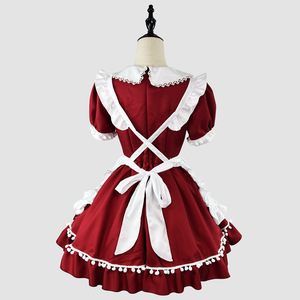 Cute Lolita Maid Outfit Apron Dress Red White Contrast Color Peter Pan Collar Satin Daily Wear - Product Image 4