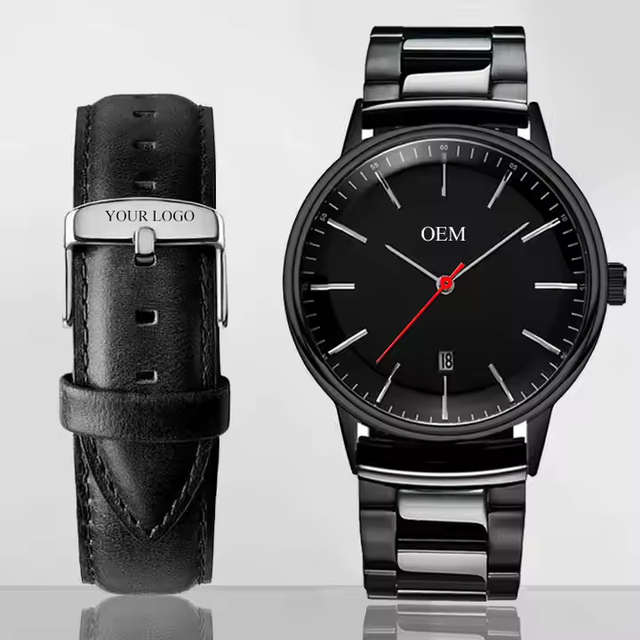 Wholesale Men's Stainless Steel Quartz Movement Wrist Watch Custom Logo High Quality Leather Band 40mm Dial Alloy Low MOQ