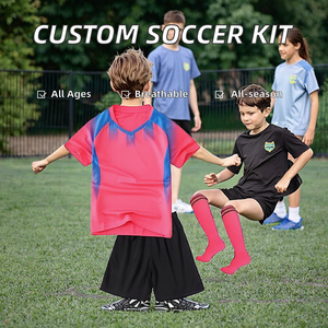 Custom Kids Soccer Uniform Set Pink Blue Gradient V-Neck Short Sleeve Jersey Black Shorts Pink <b>Socks</b> Moisture Wicking <b>Polyester</b> - Product Image 2