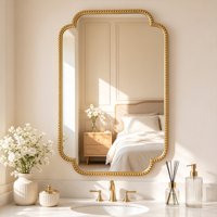 Cermin Dinding Berbingkai Logam Premium Warna Emas Brushed dengan Desain Scalloped dan Bevel, Cermin Dekoratif untuk Kamar Mandi, Hotel, dan Dekorasi Rumah