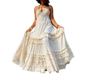 فستان نسائي بوهيمي بتصميم بوهيمي, فستان نسائي بوهيمي طويل من القطن بظهر مفتوح ، فستان أبيض مثير مناسب للعطلات