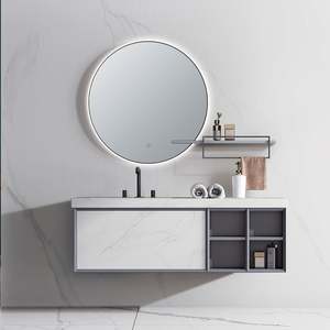 Modern Dark Color Plywood Lacquer Shutter Design Wall-Mounted <b>Bathroom</b> <b>Vanity</b> Cabinet with Mirror and Countertop - Product Image 6