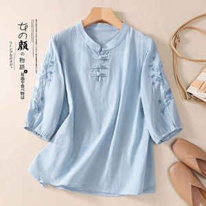Traditional Chinese Cotton Linen Top With Embroidery Frog Buttons Women's Summer Short Sleeve White Lotus Root Sky Blue - Product Image 2