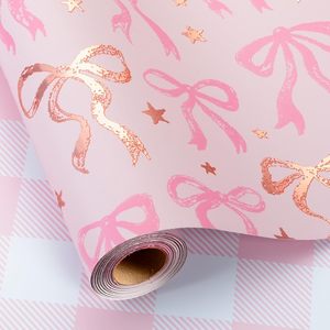 Maypluss Pink <b>Wrapping</b> <b>Paper</b> Roll 46.8 Sq Ft Double Side Reversible Bow Design For Baby Shower Birthday Wedding - Product Image 1