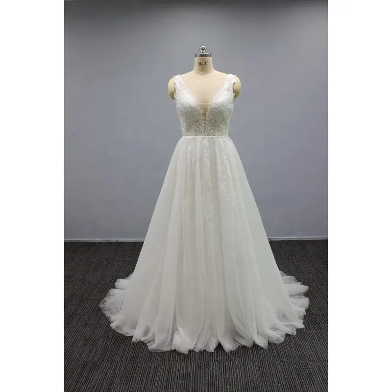 WT4292 New Arrival Wedding Gown V Neck A Line Lace Applique Backless Bride Dress On 2023