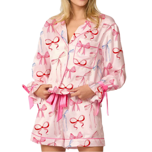 Pyjama court sexy et mignon pour femme, rose, personnalisé, en bambou, à manches longues, boutonné sur le devant, avec poignets à volants, pour l'été et l'automne - Product Image 1