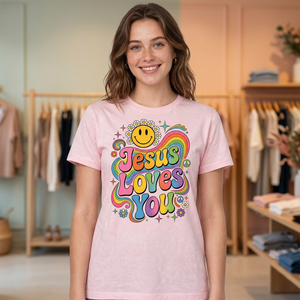 เสื้อยืดลำลองสีชมพูแขนสั้นคอกลมสำหรับผู้หญิง ลายกราฟิกพระเยซูรักคุณ - Product Image 1