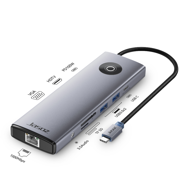 Jasoz Aluminum Alloy USB-C Hub 10-in-1 2.0 4K VGA 1080P/60Hz 3.5mm Audio TF/SD Card Reader Gigabit RJ45 Ethernet PD100W-in Stock
